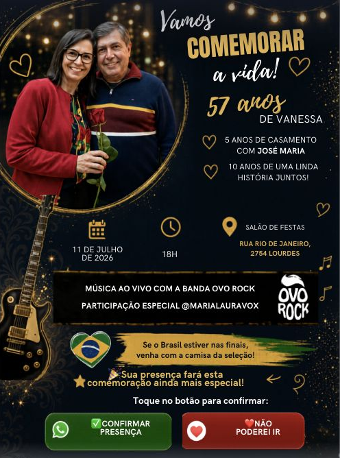Convite para comemorar 57 anos de Vanessa em 11 de julho de 2026, às 18h.